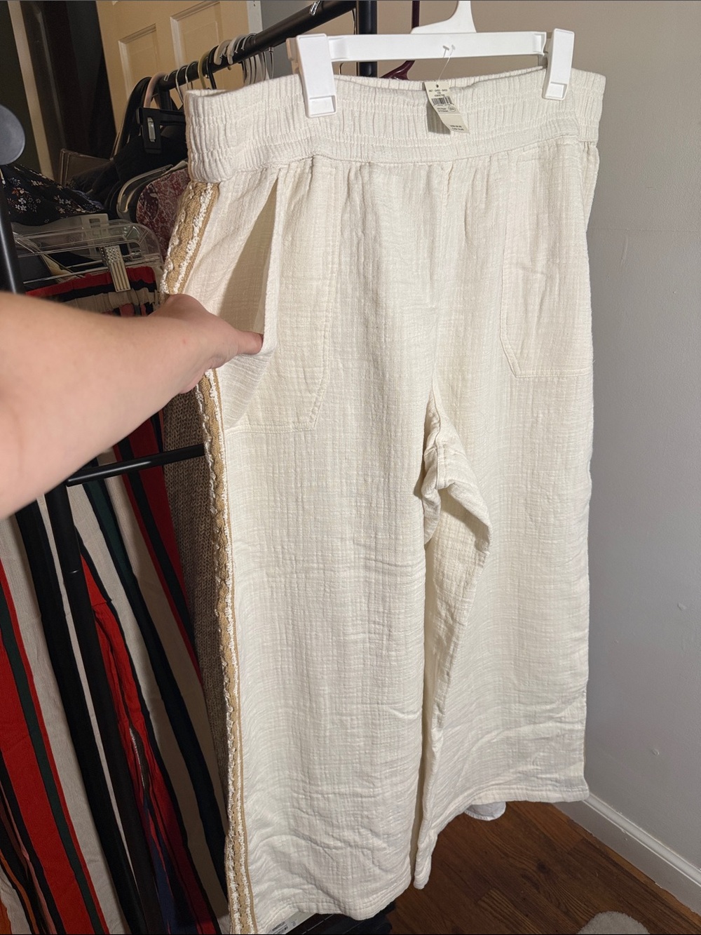 aerie Cream Wide-Leg Lounge beach Pants with Braided Side Trimt